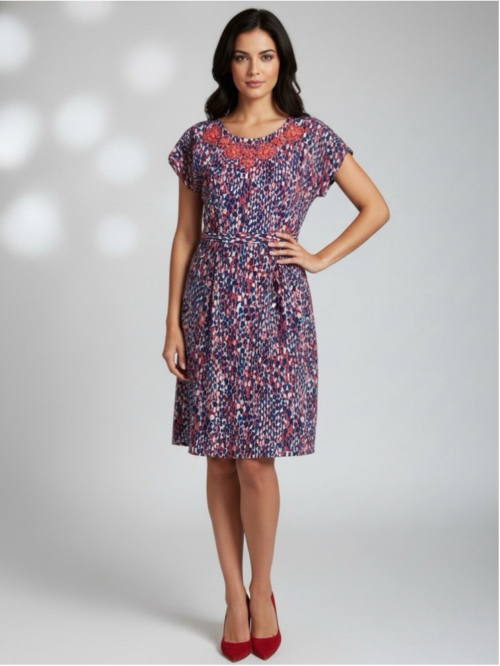 Boden Cara Dress Embellished Beaded Neck Abstract Viscose US 8L Midi Coral Blue